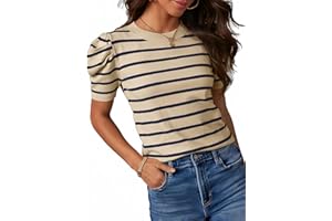 Dokotoo Women's Short Puff Sleeve Knit Tops 2025 Trendy Crewneck Striped T Shirts Casual Summer Blouses