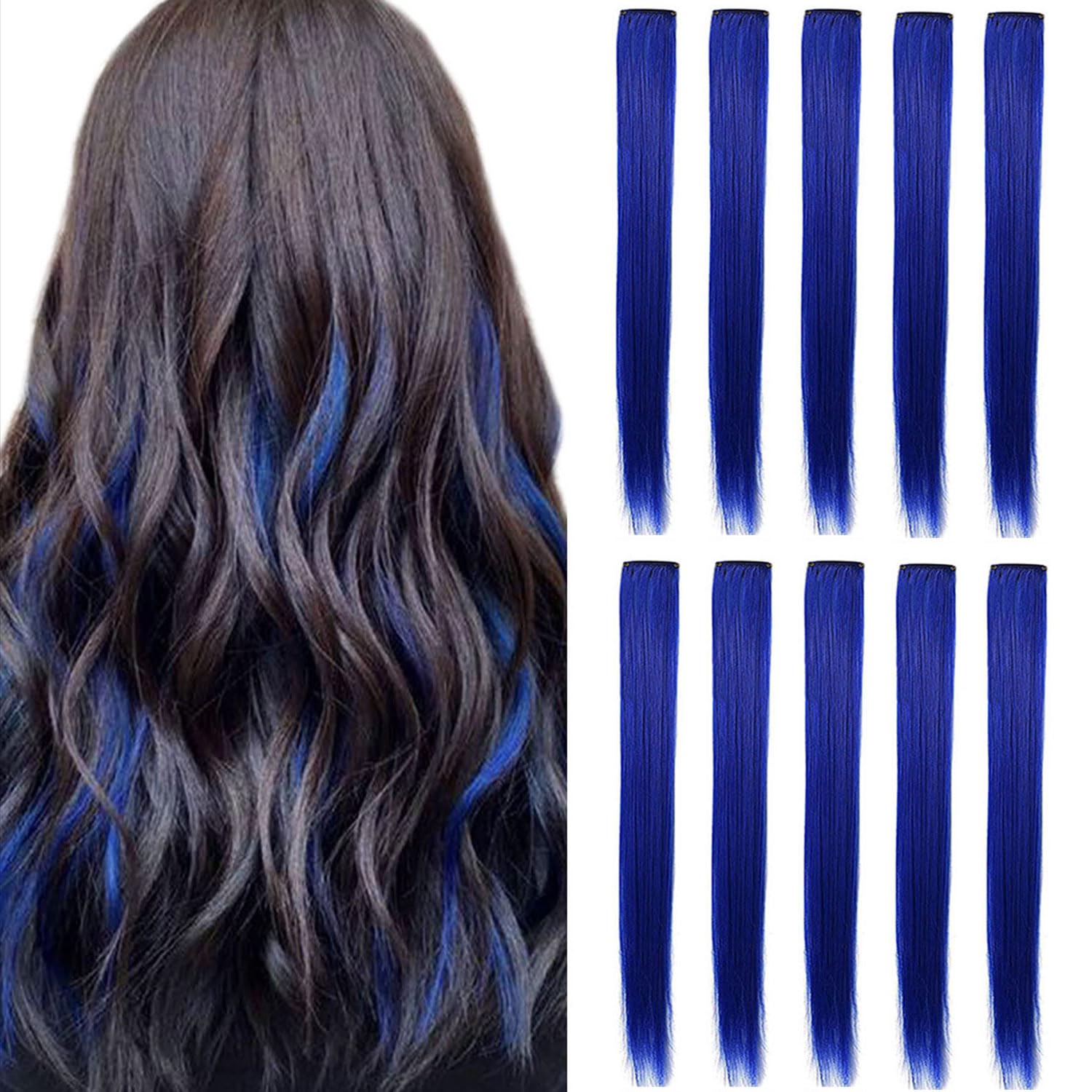 IAMERUI Multi-Colors Hair Etensions Party Straight Clip in/on Colored Hair Streak Synthetic Hairpieces 9 Pieces (Blue)