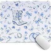 PaJiaNi Western Desk Mat,Blue and White Floral Mouse Pad,Blue Western Bow Mouse Pad,Coquette Girly Cowgirls Desk Mat for Dorm Western Office Decor,10.2x8.2Inch