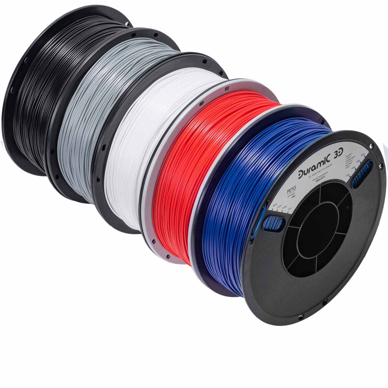 DURAMIC 3D PETG Filament 1.75mm 5 Spools Black White Grey Red Blue, 3D Printing Filament 5 Spools1KG, No-Tangling Dimensional Accuracy +/- 0.05 mm