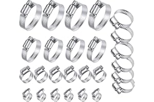 TVKIADV 26PCS Stainless Steel Hose Clamps Assortment Kit, 1/4-2 in (6-51 mm) Adjustable Worm Gear Pipe Hose Clamp for Fuel Line, Plumbing, Automotive, Garden, Tube, Radiator, Mechanical Applications