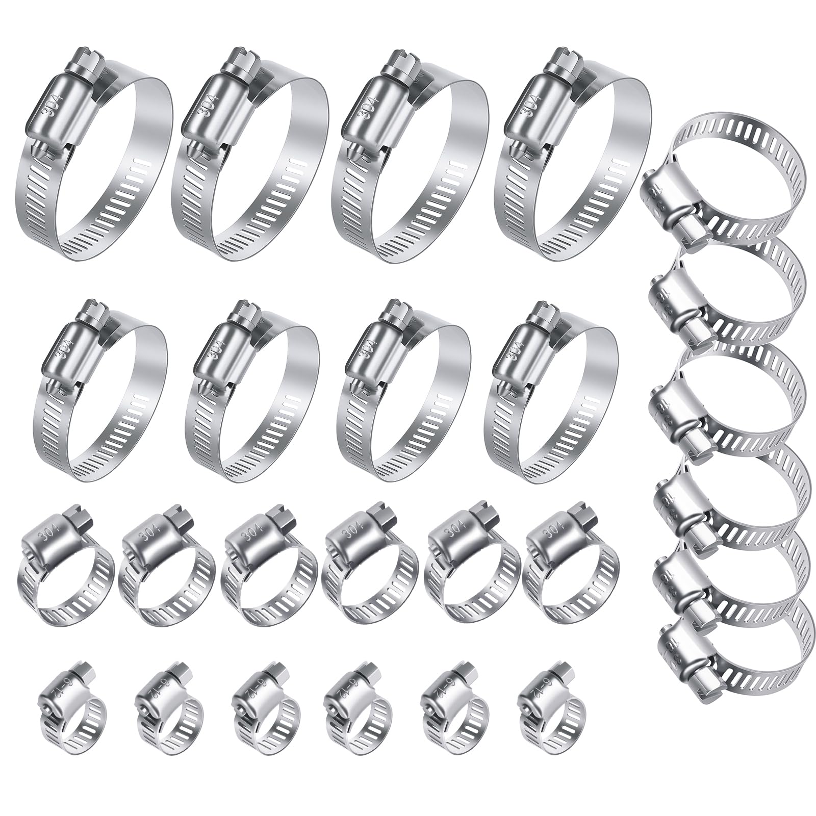 Photo 1 of 26PCS Stainless Steel Hose Clamps Assortment Kit, 1/4-2 in (6-51 mm) Adjustable Worm Gear Pipe Hose Clamp for Fuel Line, Plumbing, Automotive, Garden, Tube, Radiator, Mechanical Applications
