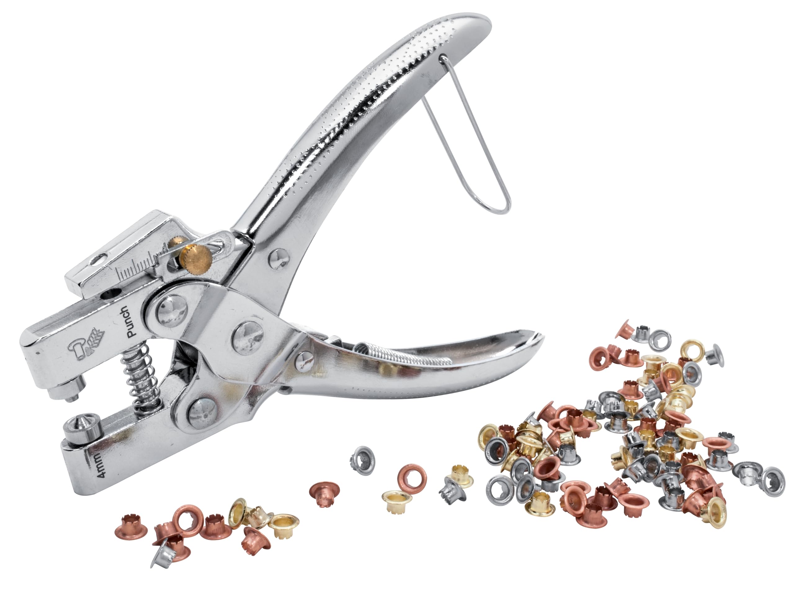 Rapid RP05 Eyelet Pliers Set with Hole Punch – Includes 105 Eyelets (4mm); Chrome-Plated, for Leather; Textiles; Shoes, Canvas – 2-in-1 Eyelet Pliers and Hole Punch