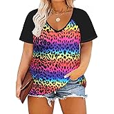 TIYOMI Plus Size Tops for Women Short Sleeve Color Block Raglan Sexy V Neck Shirts Tunic Spring Summer XL-5XL 14W-28W