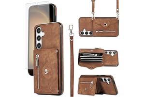 Asuwish Phone Case for Samsung Galaxy S25 FE 5G Wallet Cover and Tempered Glass Screen Protector with Wrist Crossbody Strap L