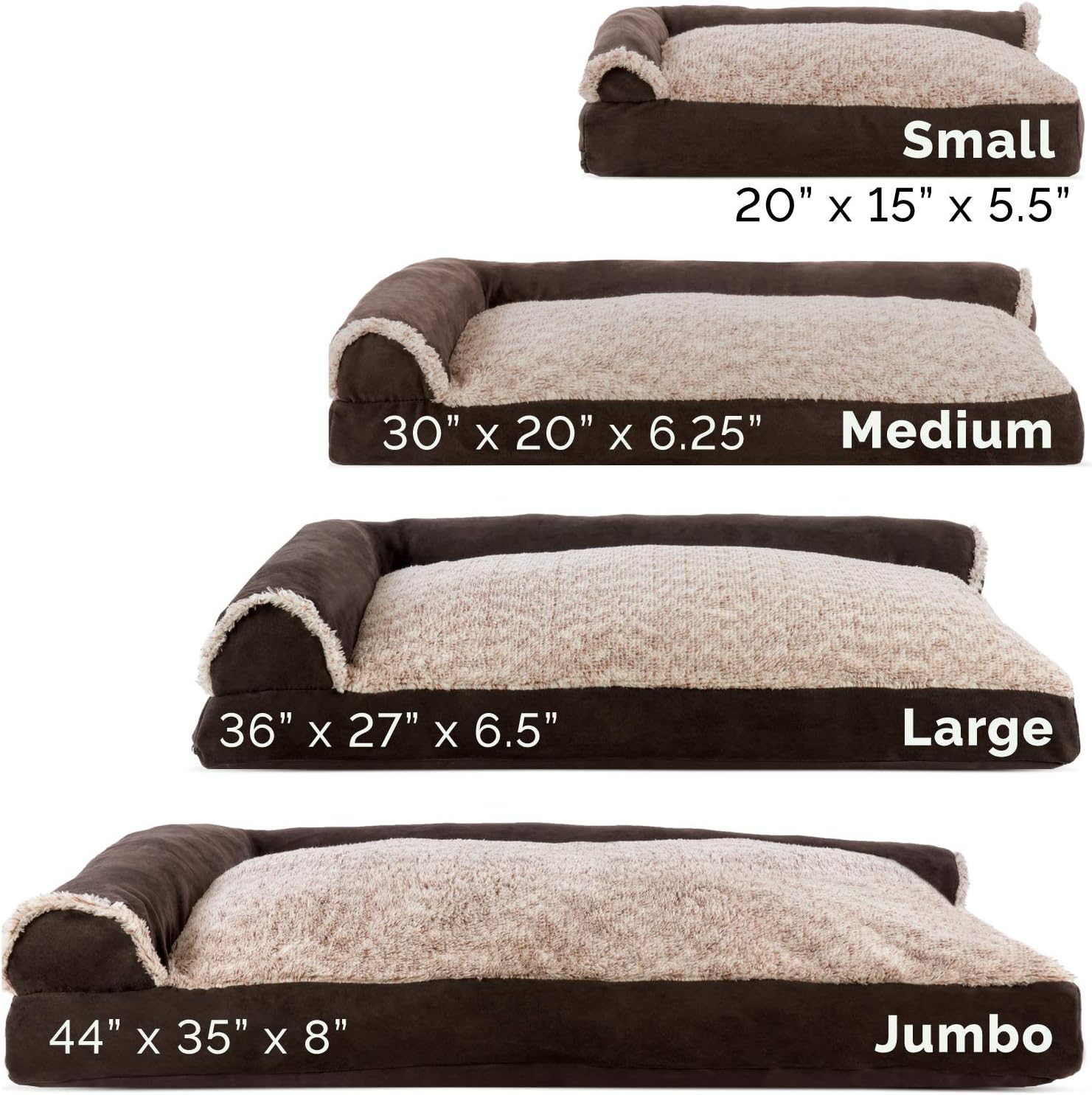 Furhaven Pet Dog Bed - Two-Tone Plush and Suede L Shaped Chaise Lounge Pillow Cushion Sofa-Style Living Room Corner Couch Pet Bed with Removable Cover for Dogs and Cats, Espresso, Jumbo : Pet Supplies