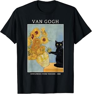 Funny Cat & Sunflowers Van Gogh Art Parody Vintage Tee T-Shirt for Men Women