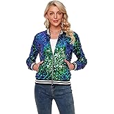 THANKPEARL Womens Sequin Jacket Long Sleeve Zipper with Pockets Casual Party Sequin Bomber Jacket