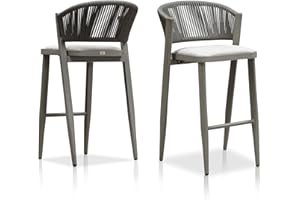 PURPLE LEAF Set of 2 Bar Stools Outdoor Barstools with Footrest Metal Bar Height Stools Wicker Stone Gray Bar Chairs