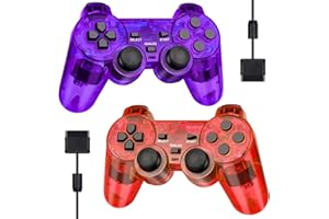 Doueuain Wired Controller for PS2, 2 Pack Gamepad Remote Double Shock Compatible with Plays tation 2, with 1.8M Cable（Clear Red and Clear Purple）