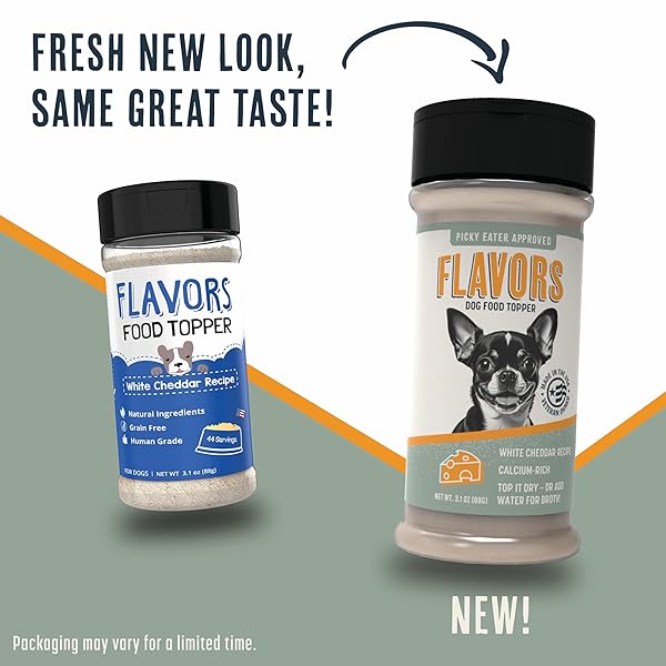 BEAUMONT BASICS FLAVORS FOOD TOPPER FOR DOGS, DELICIOUS SEASONING FOR DOG FOOD, NATURAL, GRAIN-FREE KIBBLE SEASONING AND TREAT MIX FOR PICKY DOGS AND PUPPIES, WHITE CHEDDAR RECIPE, 3.1-OUNCE