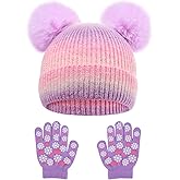 Little Girls Rainbow Beanie Hat and Glove Set Multicolor Knit Pompom Beanies for Winter Snow Ski Caps Age 3-8