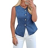 Tankaneo Womens Button Down Denim Vests Tops Sleeveless Fitted Jean Tank Tops Y2k Trendy Casual Waistcoat