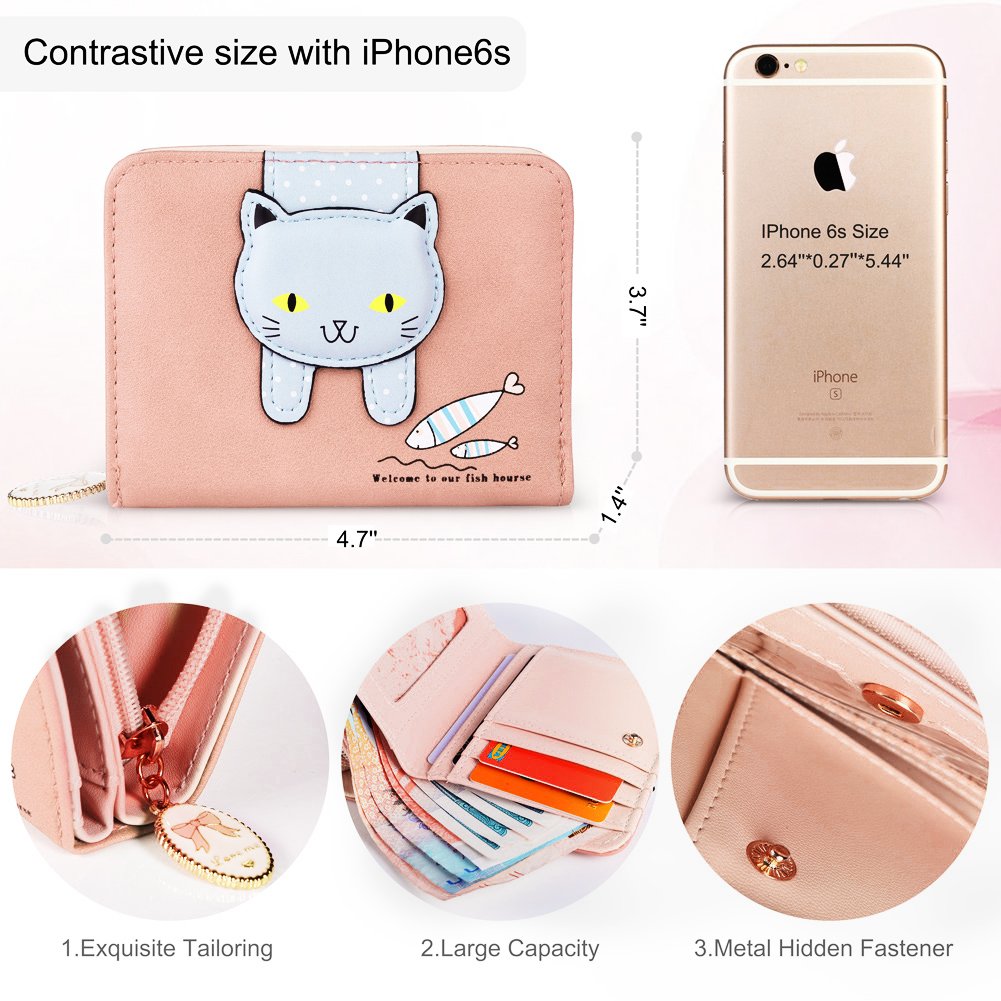 Vbiger Geldbörse Mädchen Kleine Geldbeutel Portemonnaie Damen Niedliche Katzen Muster Geldbörse für Kinder Pink
