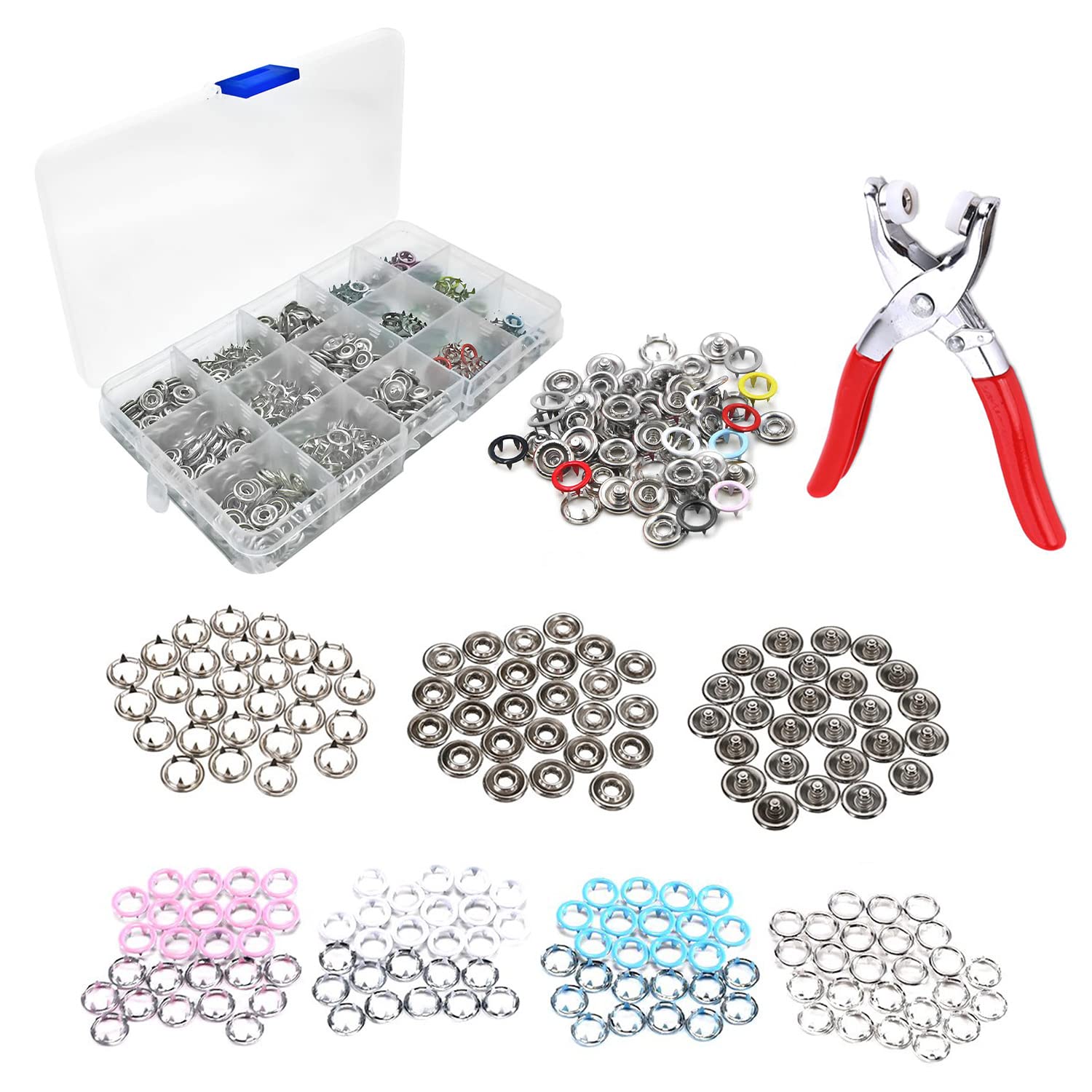 Trimming Shop Press Studs Prong 9.5mm Metal Snap Poppers Ring Fasteners with Plier Tool Kit for Sewing, Babygrows, Bibs, Arts, Clothing, Jackets, Shirts, DIY Projects, 120pcs