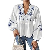 WDIRARA Women's Mock V Neck Boho Print Blouse Long Bishop Sleeve Babydoll Shirts Ruffle Peplum Tops
