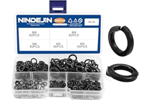 NINDEJIN 300 Pcs Spring Lock Washers Assortment Kit, M3 M4 M5 M6 M8 Black Zinc Plated Carbon Steel Split Lock Washer Set, Spring-Loaded Circular Split Washers for Prevent Fasteners Loosening