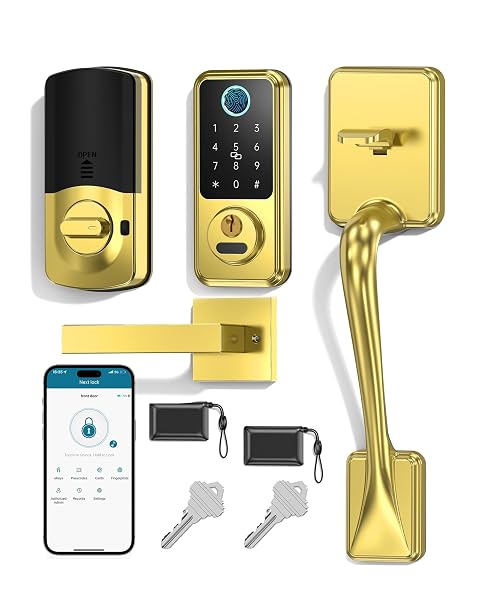 HORNBILL SMART LOCK FOR FRONT DOOR, KEYLESS ENTRY DOOR LOCK WITH HANDLESET, SMART DEADBOLT LOCK FOR HOME/NEW HOUSE, AUTO-LOCK, BRUSHED GOLD