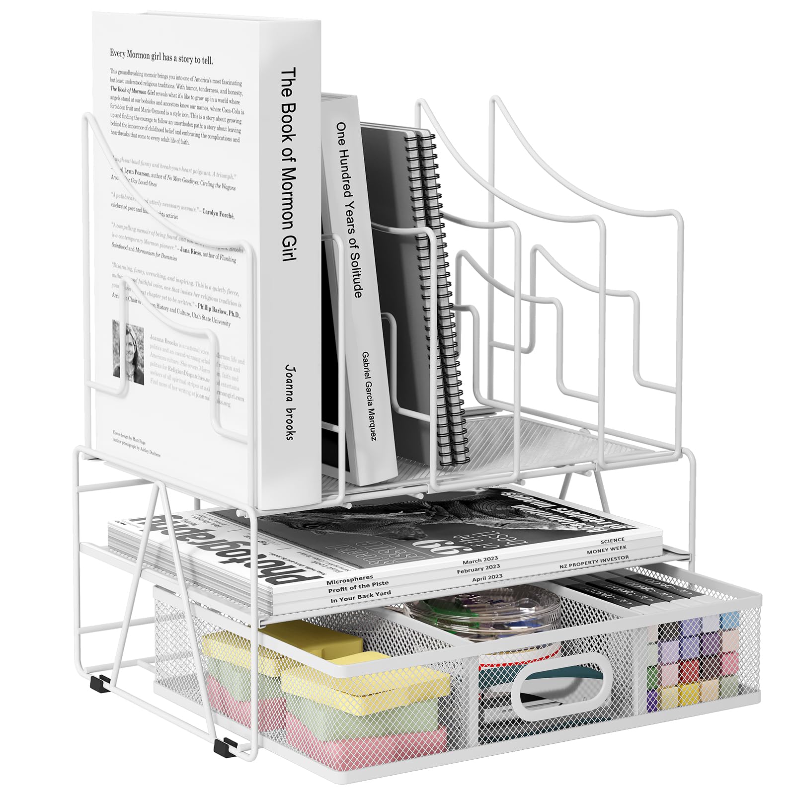 EasyPAG 3 Tier Desktop A4 Office Mesh Desk Tidy File Holder Paper Organiser Magazine Storage Filing Rack with Stationery Drawer,White