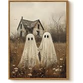 Vintage Halloween 12x16 Framed Canvas Wall Art, Rustic Cute Ghost Couple Haunted House Print, Country Spooky Holding Hands Ghosts Artwork, Creepy Farmhouse Autumn Fall Entryway Decor