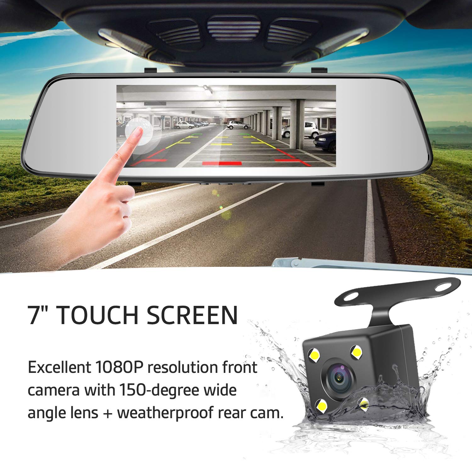 Pruveeo D700 7Inch Touch Screen Backup Camera Dash Cam Front and Rear