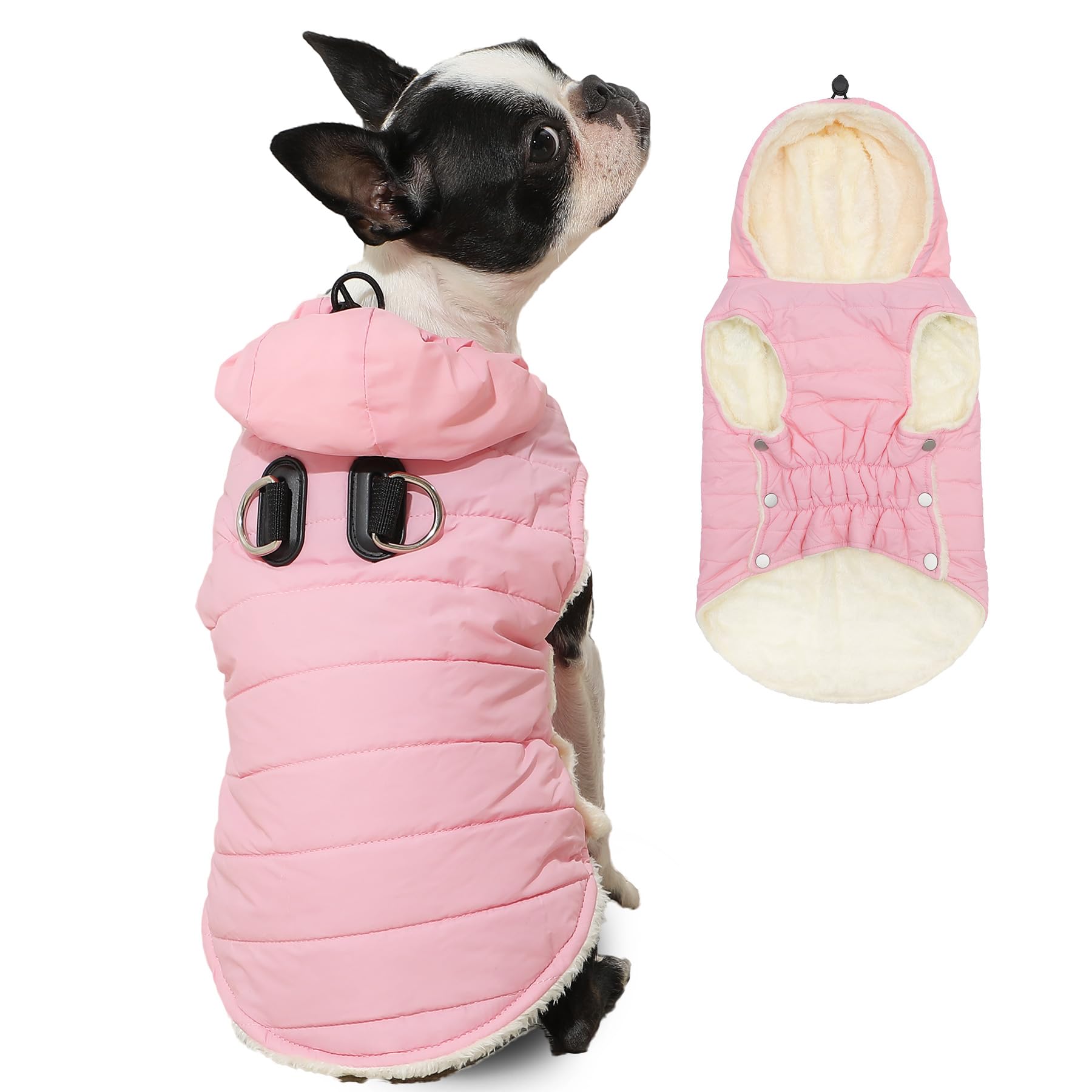 Photo 1 of Vecomfy Fleece Lining Dog Hoodie with Harness Built in,Extra Warm Small Dog Jacket in Winter Puppy Coats with Drawstring Hooded,Light Pink M