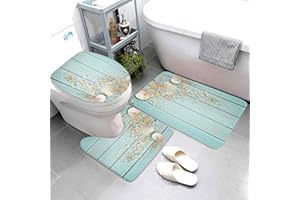 Jbofyee Seashells On Wooden Background 3 Piece Bathroom Rugs Set, Bath Mat + Contour Mat + Toilet Seat Cover, Non-Slip Soft Microfiber Bathmat for Tub Shower Room Decor, Machine Washable