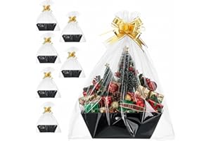 Mimorou 6 Pack Baskets for Gifts Empty To Fill, Kraft Empty Gift Basket Kit Bulk with Handle 6 Wrap Bag 10 Pull Bow DIY for Christmas Wedding Birthday Party Holiday(Black,Simple Style)
