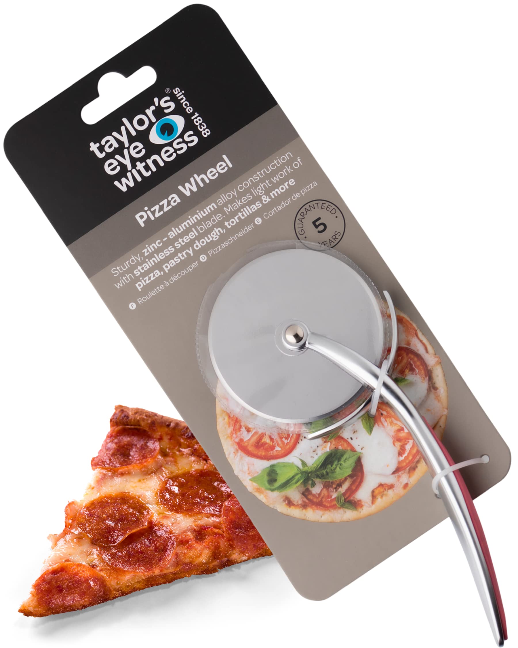 Aluminum Rolling Pizza Cutter Wheel - by Taylors Eye Witness. Blade with Stainless Steel Construction. Dishwasher Safe, Easily Glides Through Tough Dough with Guard to Protect Hands, Raspberry Colour