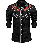 COOFANDY Men's Western Cowboy Shirt Long Sleeve Slim Fit Rose Embroidered Cotton Casual Button Down Shirts