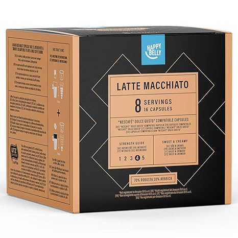 Amazon-Marke: Happy Belly Latte Macchiato Kaffeekapseln kompatibel mit NESCAFÉ* DOLCE GUSTO*, UTZ, 3x16 Kapseln (24 Portionen