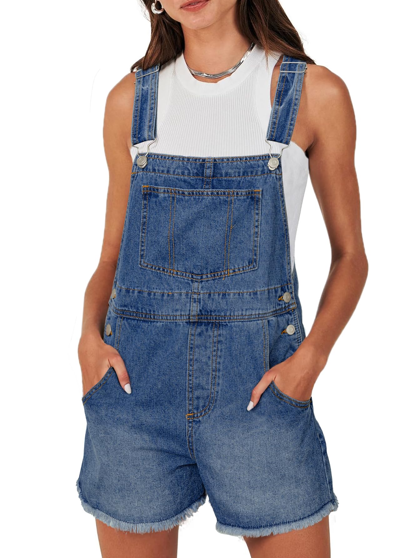 Photo 1 of Glamaker Denim Overall Shorts for Women Summer Casual Jean Romper Jumpsuit Loose Fit Outfits Rompers with Pockets 2025(Denim Deep Blue,Medium)