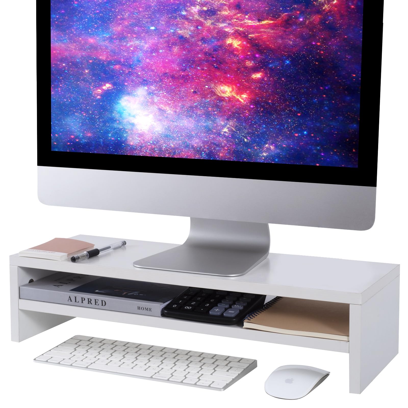 Photo 1 of BEYGORM Monitor Stand Riser White, 21.6 inch 2 Tiers Wood Desk Shelf Computer Screen Stand with Storage for Desktop Laptop/Screen/TV/PC/Printer, Desk Shelf Organizer 21.6" L x 7.8" W x 5.2" H