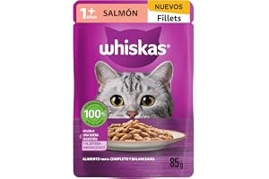 WHISKAS - Alimento Húmedo para Gatos, Sabor Salmón, con Ingredientes Naturales, Calcio, Minerales, Vitamina A y Taurina, 24 Sobres, 85g c/u.