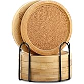 Bamboo Cork Coasters for Drinks Absorbent with Holder Set of 6, Bamboo Coasters for Drinks Coaster Sets Rustic Farmhouse for Coffee Table Dining Table Set of 6 4.33in