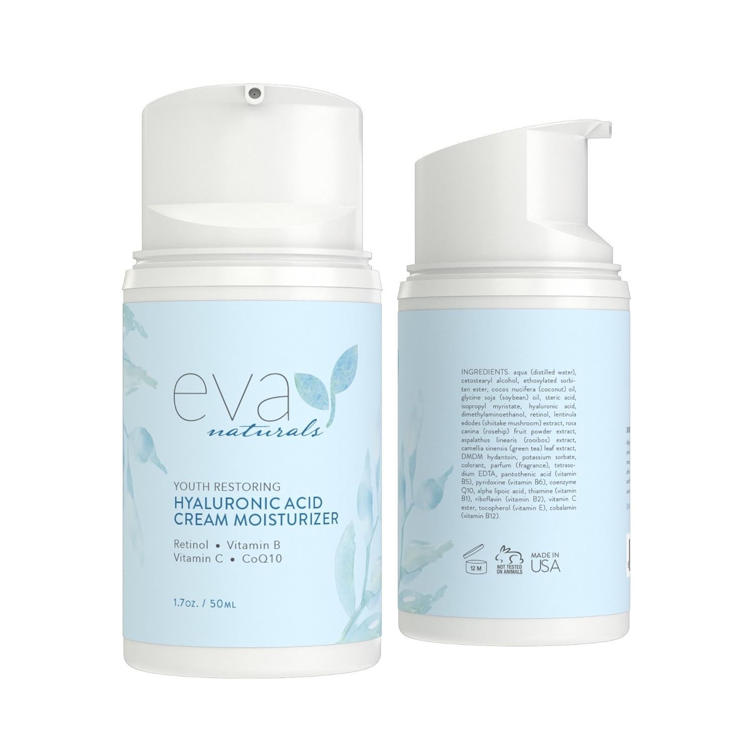 Hyaluronic Acid Moisturizing Cream by Eva Naturals - Best Wrinkle Cream - Facial Moisturizer, Dry Skin Cream, Retinol, Vitamin B, C & E, CoQ10 - Anti-Aging: Reduces Dry Skin, Fine Lines & Wrinkles: Beauty