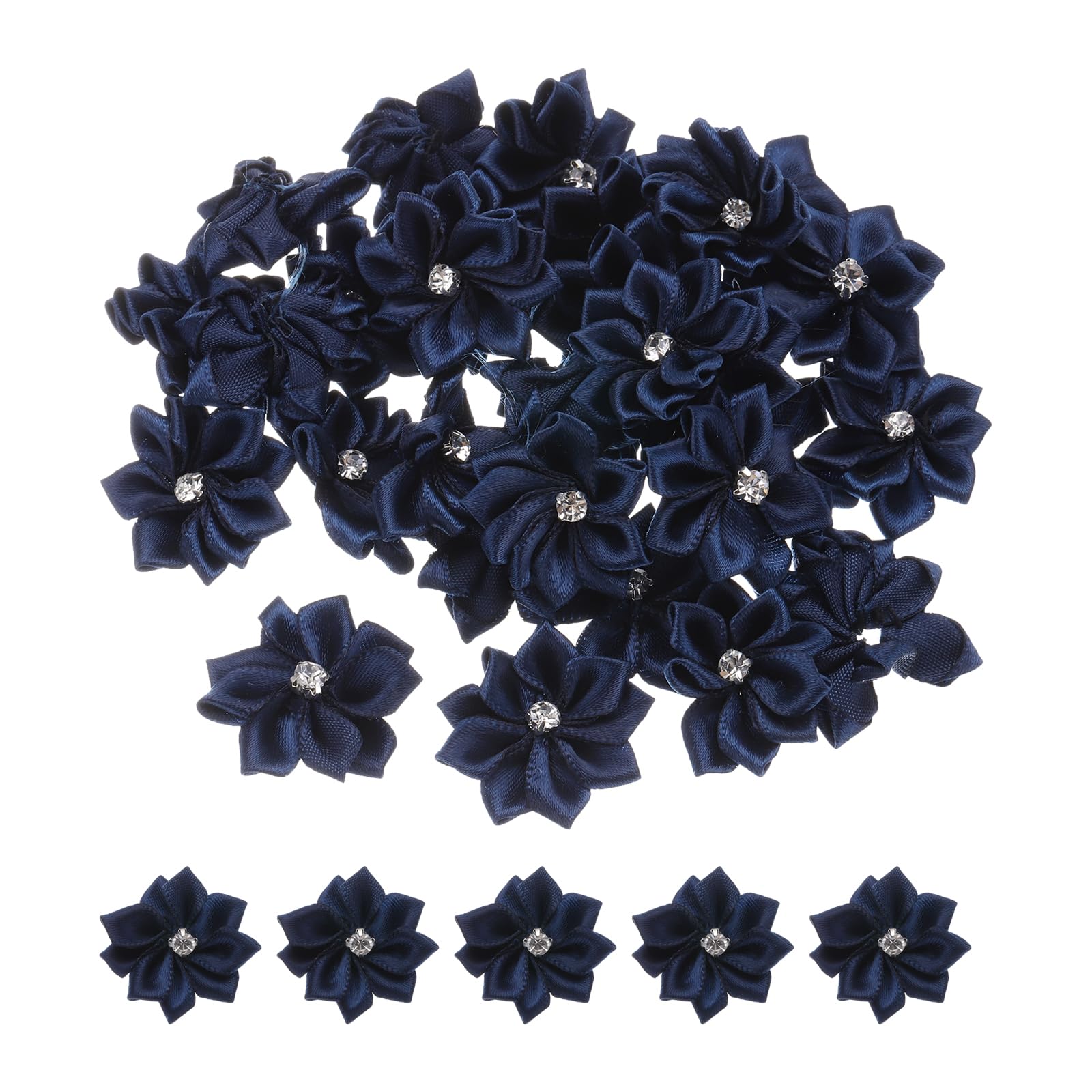 PATIKIL 1.2 Inch Small Ribbon Flowers, 150 Pcs Satin Ribbon Flowers Mini Fabric Flowers for Crafts DIY Wedding Ornament Appliques, Navy Blue
