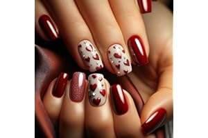 DULYORK Valentines Press On Nails Short Square Fake Nails Red Heart Nails Press Ons Valentines False Nails With Heart Rhinestone Designs Full Cover Glue On Nails Glitter Stick On Nails For Women