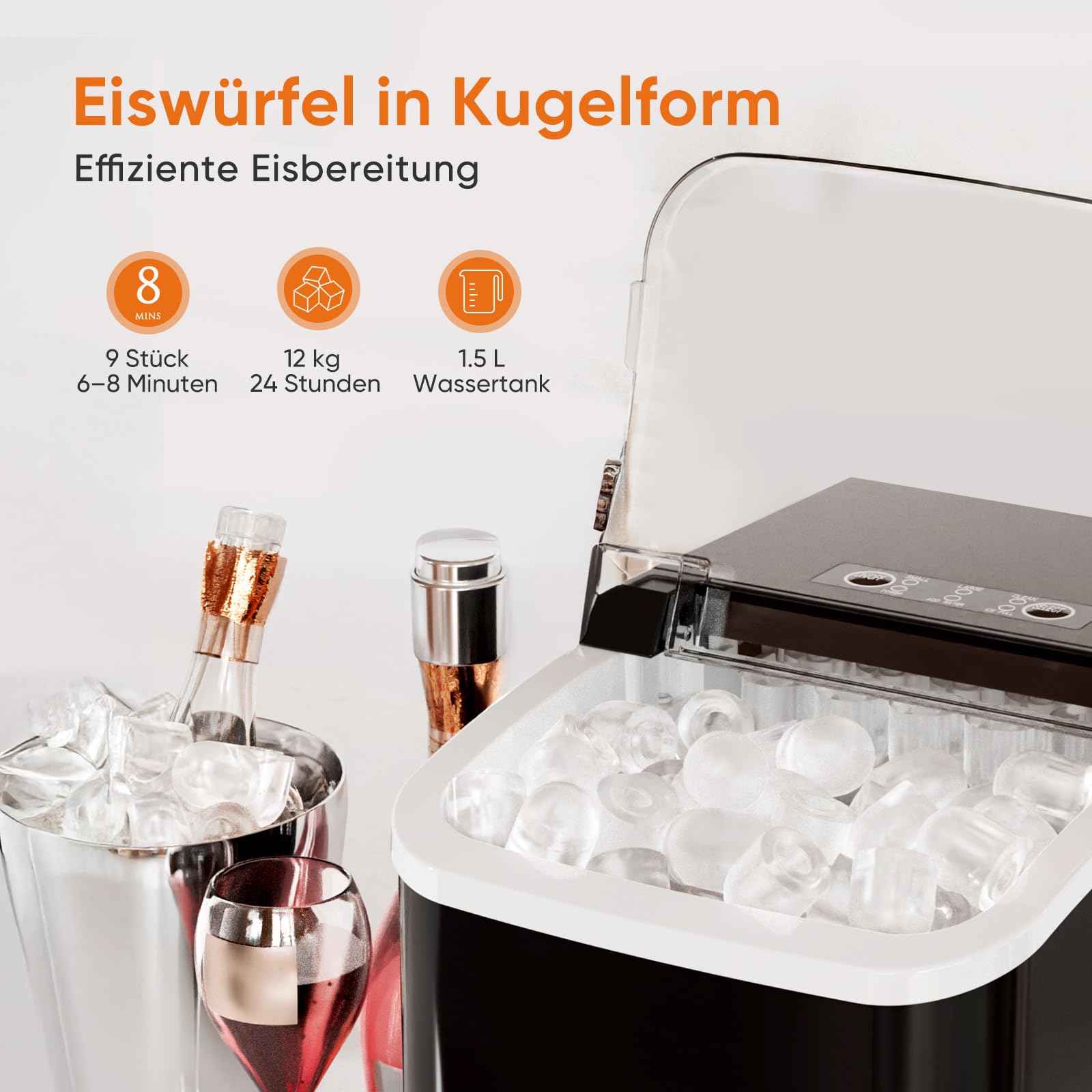 Sweetcrispy Eiswürfelmaschine mit Tragegriff, Selbstreinigend, 9 Eiswürfel in 6 Minuten, 12 kg Eis in 24 Stdn, Kompakt mit 2 Eisgrößen, Kleiner Eiswürfelbereiter für Küche Party Büro Bar, Schwarz 2