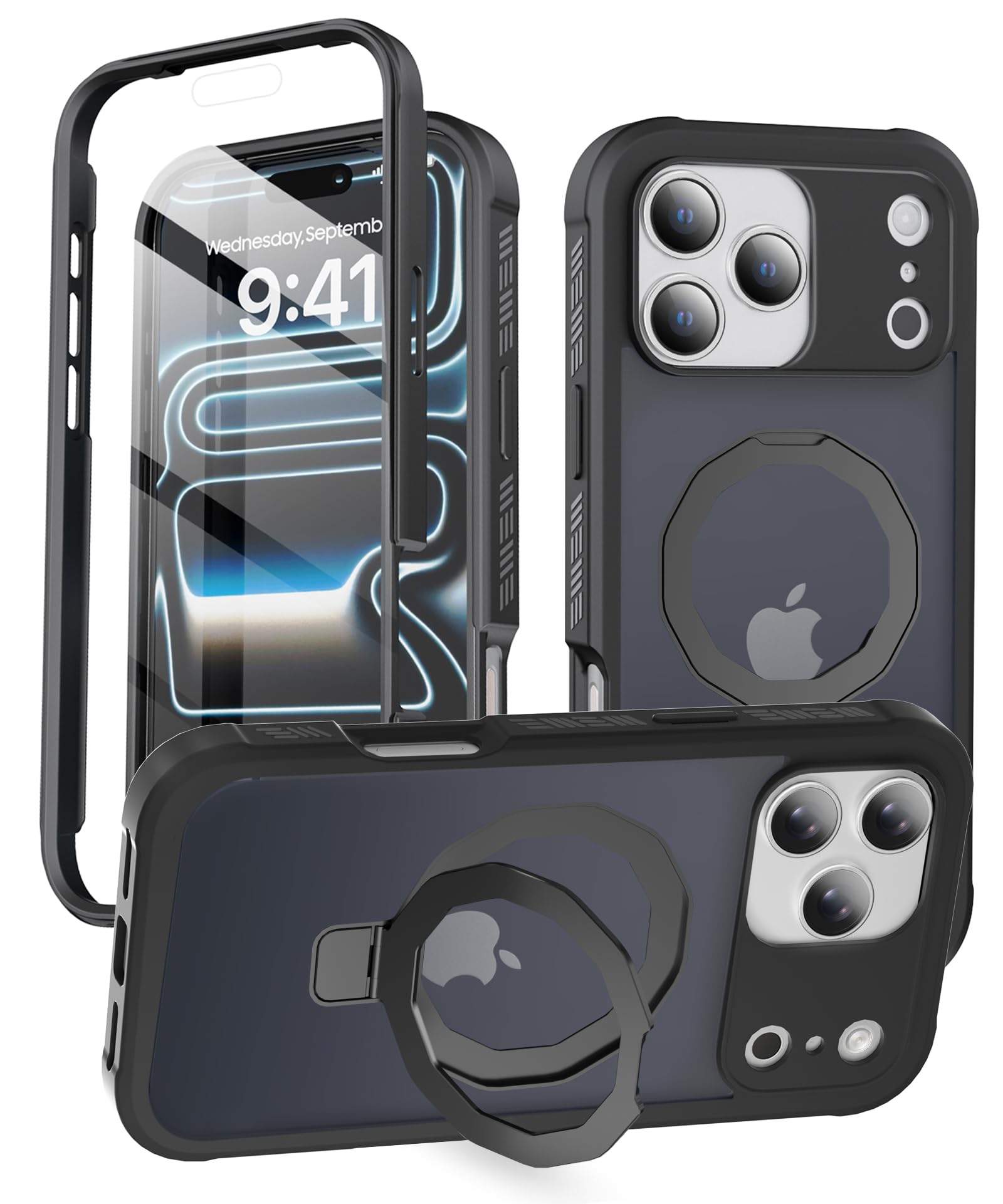 BANLEA Compatible with iPhone 17 Pro Case, Built-in Screen Protector & Seamless Stand, [Military-Grade Protection] Full Body Cover, Strong Magnetic Clear Phone Case for iPhone 17Pro 6.3" (Black)