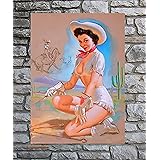 Sylty Vintage Pin-Up Girl Desert Cactus Cowgirl Wall Art Metal Tin Sign 8X12 Inch