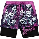WDIRARA Men's 2 In1 Goth Graphic Print Drawstring Elastic Waist Shorts Athletic Shorts