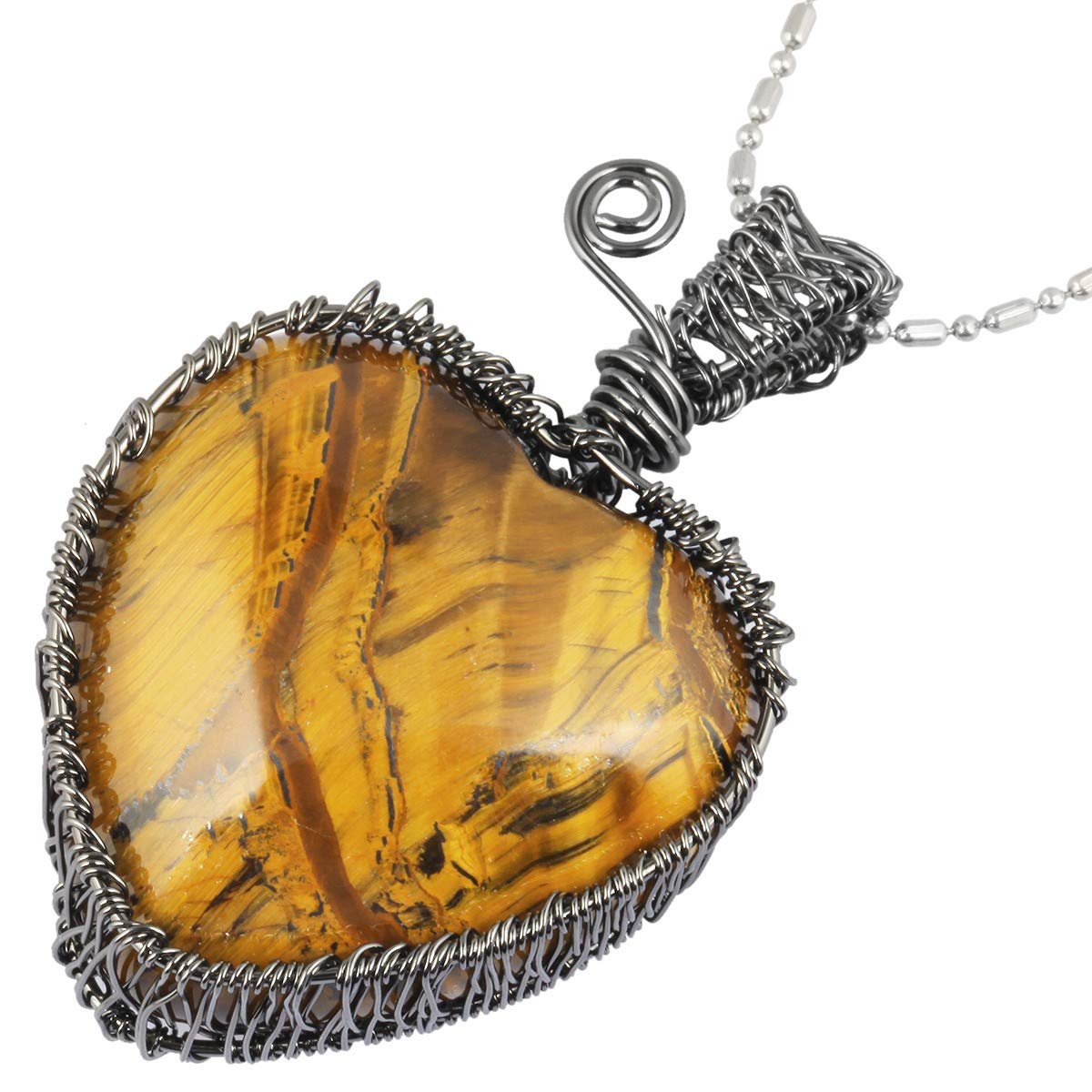 mookaitedecor Tiger's Eye Healing Crystal Heart Pendant Necklace for Women Mum Wife, Boho Style Fancy Wire Wrapped Reiki Chakra Tumbled Stone Necklace Quartz Jewellery Mother's Day Crystal Gift