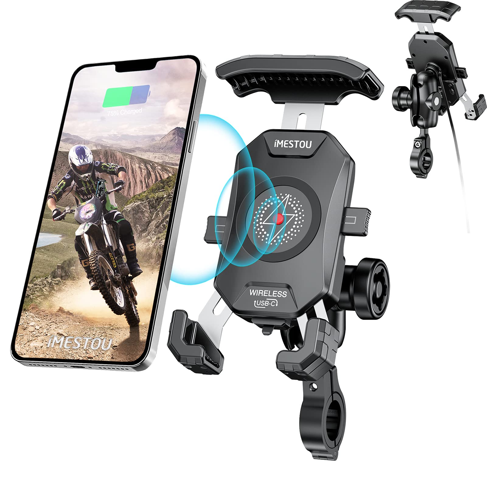 iMESTOU Anti-Theft Motorcycle Wireless Phone Mount Charger 15W & USB C 3A Handlebar 1" Ball Stem Phone Holder Works with 12V/24V Vehicle/USB Socket 720 Rotation Quick Charge for 4.0-7.0" Cellphones