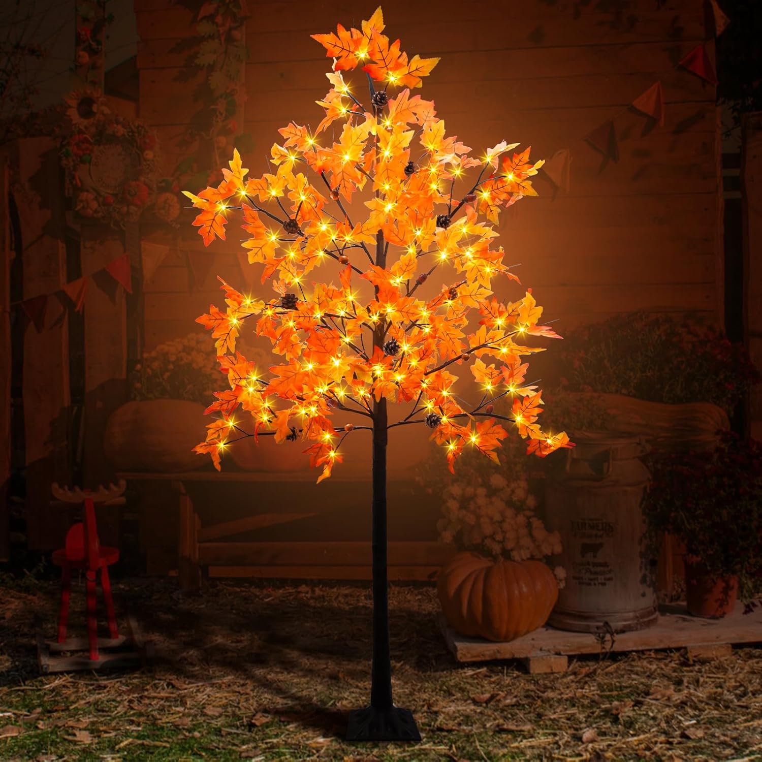 Trees - Phliofd 6FT Prelit Fall Maple Tree Decor, 128 LEDs with 8 Acorns 8 Pine Cones & Timer 8 Flashing Modes Artificial Maple Tree Thanksgiving Decor for Fall Home Autumn Halloween Harvest Indoor Outdoor