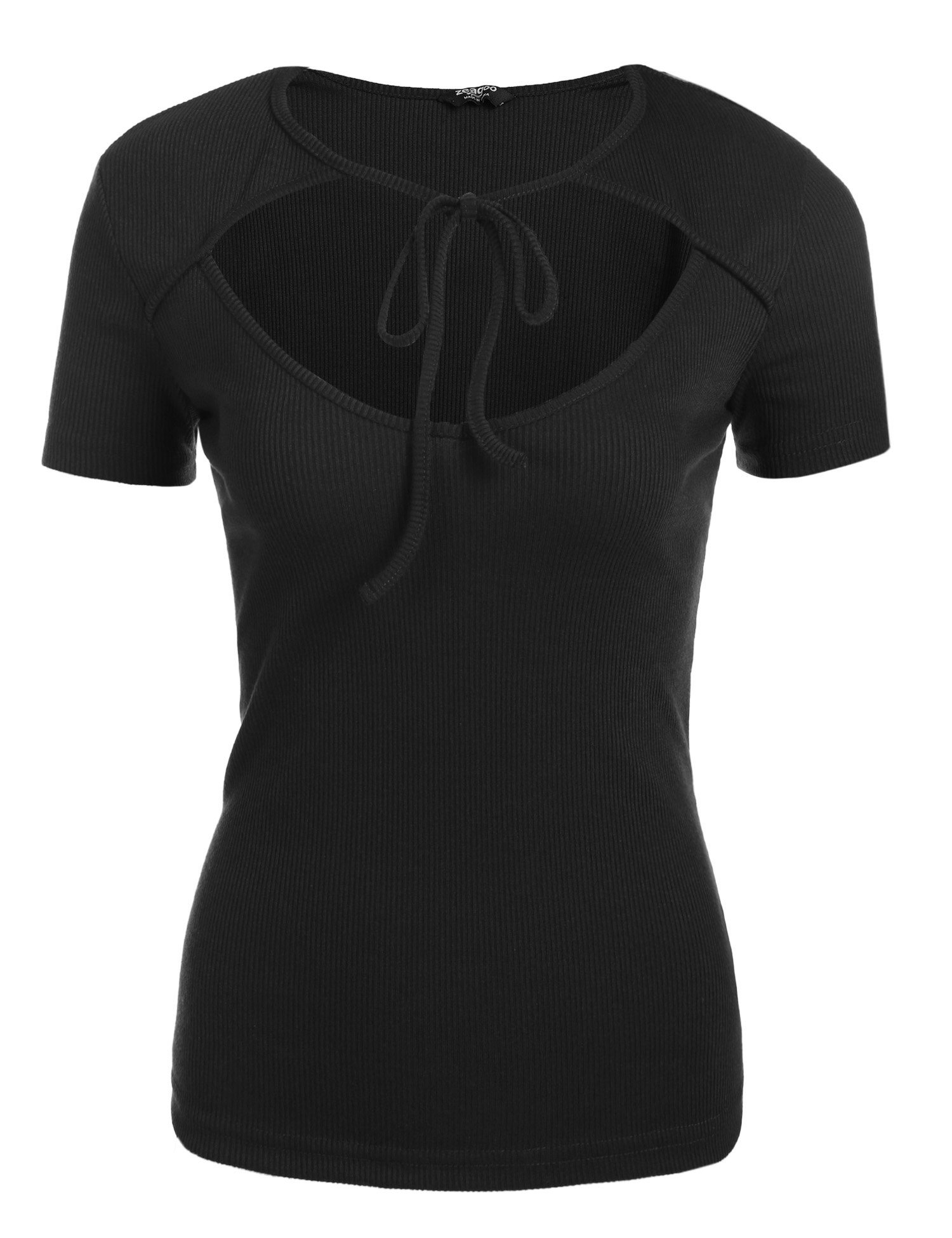 Zeagoo Women\'s Hollow Out Lace up Loose Knitted T-Shirts Tunic Top Black Large