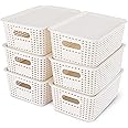 Plastic Storage Baskets With Lid Stackable Home Storage Bins for Organizing Shelves Drawers Desktop Closet, White, 6 packs