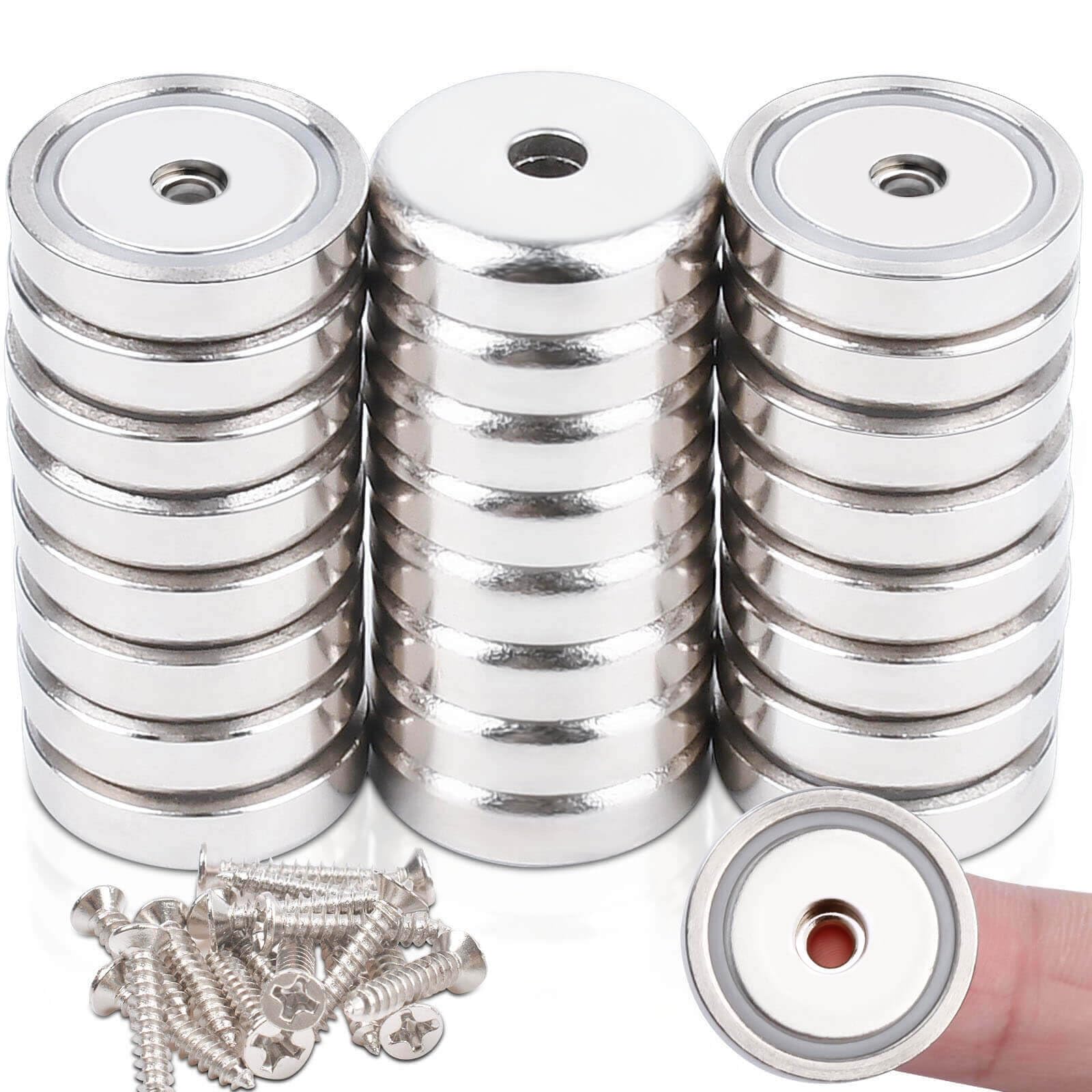 View 1 of 26 Pcs Super Strong Cup Magnets Heavy Duty, 0.79" (20 mm) Neodymium Countersunk Hole Magnet Strong with Screw for Wall Mounting Round Rare Earth Magnets with Holes for Kitchen Tool Hanging