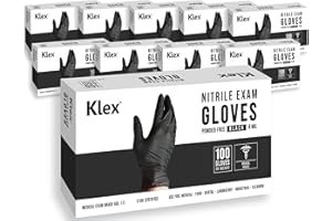 Klex Nitrile Exam Gloves - Medical Grade, Powder & Latex Free, Food Safe, Black, 100, 1000 Count, S, M, L, XL