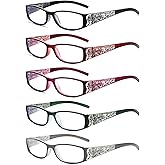 PUBOWT Reading Glasses Women Rhinestone Computer Reader Stylish Spring Hinge With Laser Pattern Diamond Eyewear 5 Pack PT2003